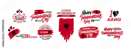 Set Albania independence day greeting card, banner, vector illustration. Albanian national day 28th of November background with elements of flag in a creative horizontal design