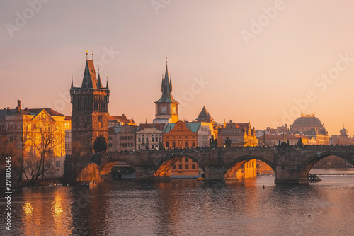 Prague, Charles Bridge with Vltava river at sunset