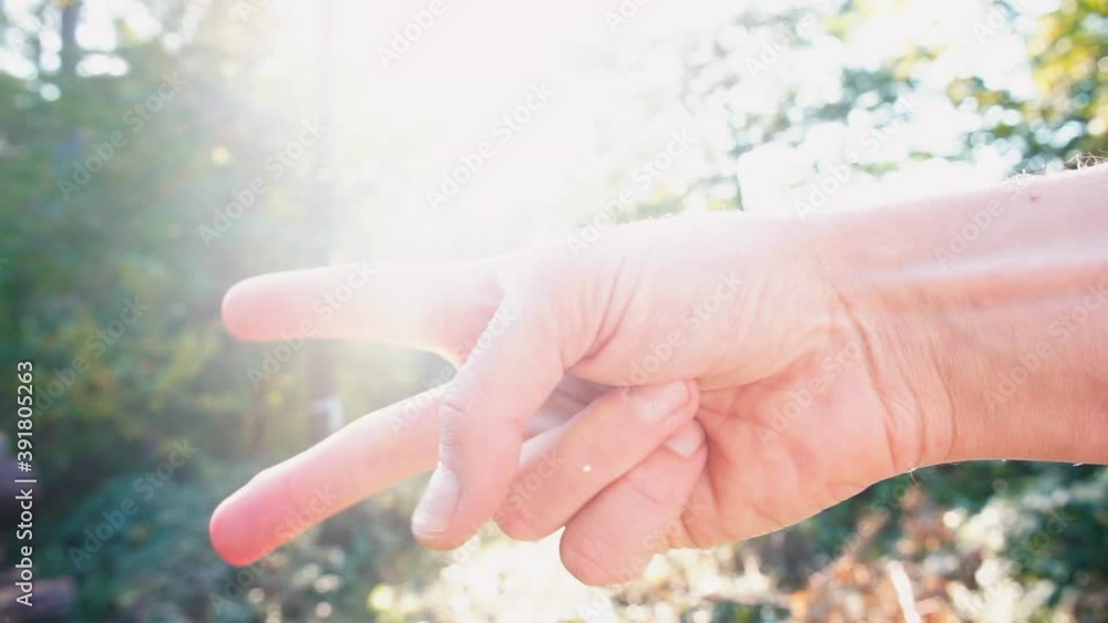 Close-up of a hand showing a gesture. Game stone paper scissors. Shakes hand, shows fingers. Close-up of a hand showing a gesture. Game stone paper scissors. Shakes hand, shows fingers.