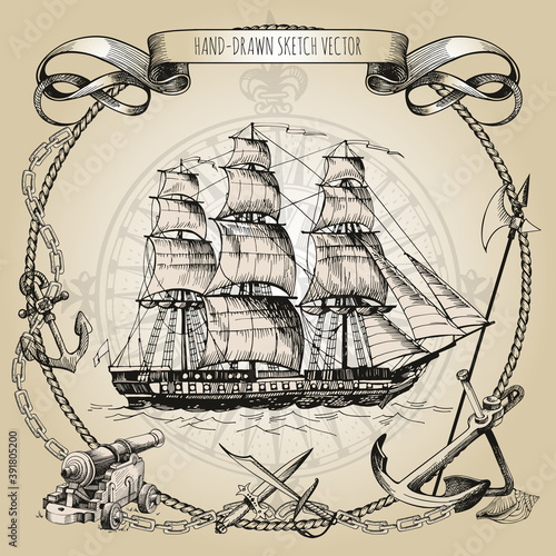 Adventure stories. Pirate background. Old caravel, vintage sailboat. Cannon, ghost ship, shipwreck, sea battle