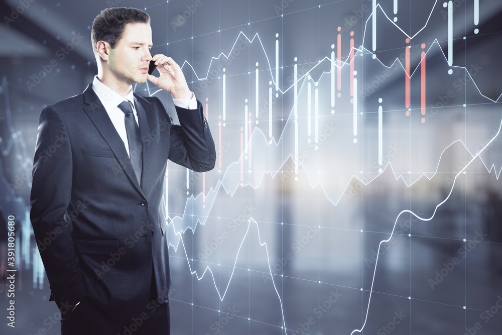 Successful businessman talking on the phone against the background of growing financial graph, forex concept Successful businessman talking on the phone against the background of growing financial graph, forex concept