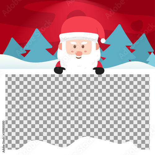 Merry Christmas background with blank photo and Cute Santa Claus hiding behind blank boards. Holiday Social media post,Christmas sale, greeting card template vector.