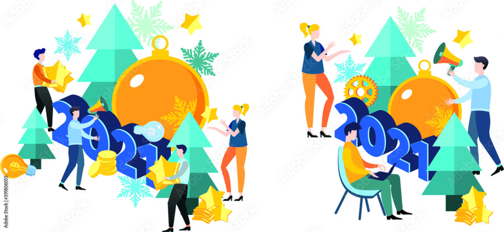 Naklejka premium New year's business illustration 2021. Flat design. A group of people, men and women, employees and colleagues are preparing for the new year 2021. Big Christmas tree toy. Christmas tree.