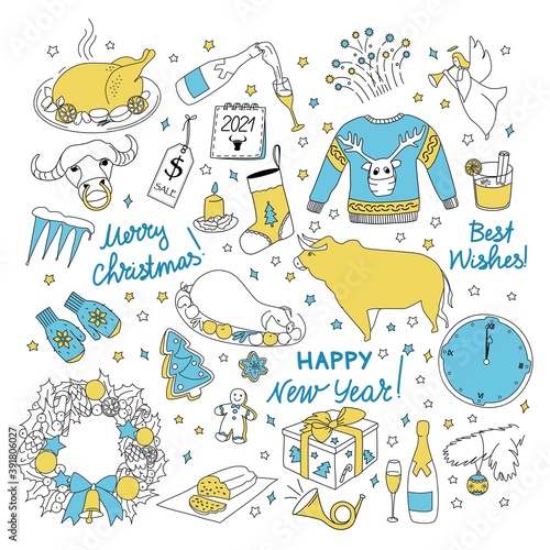 Doodle on the theme of New Year and Christmas. Linear art in color. New Year, Christmas set