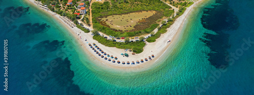 Aerial drone ultra wide panoramic photo of beautiful azure turquoise crystal clear sandy beach of Agios Dimitrios in Alonisos island, Sporades, Greece