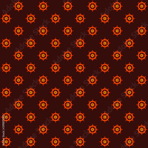 Round orange boat steering with handles on a dark brown background repeat pattern
