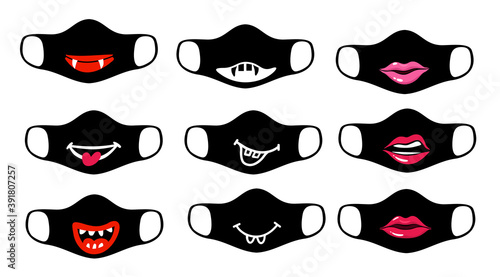 Reusable mouth kids funny masks with jungle animals faces in vector. Set of designs masked animals