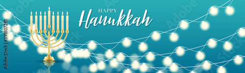 Happy Hanukkah. Traditional Jewish holiday. Chankkah banner or website header background design concept. Judaic religion decor with Menorah, candles, David star. Vector illustration.