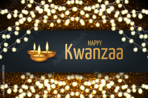 Kwanzaa banner. Traditional african american ethnic holiday design concept with glowing lights garland and candles. Vector illustration. photo