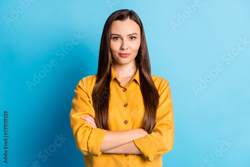 Photo of nice pretty brunette lady crossed arms wear yellow outfit isolated on teal background