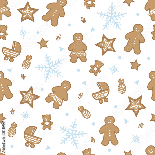 Vector baby gingerbread figures seamless pattern background.