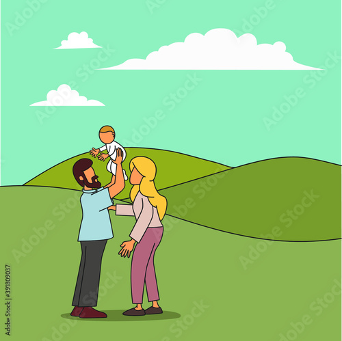 Family Bliss: New Beginnings in the Green Meadow. Dive into the heart of familial joy with this captivating vector illustration, ideal for greeting cards, social media posts, flyers.