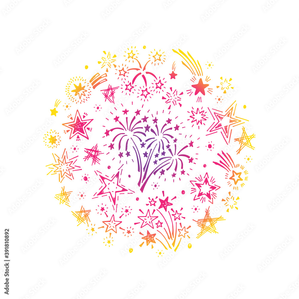 Celebration. Holiday card template. Hand Drawn doodle Rainbow Fireworks and stars in the shape of a circle. Vector illustration. Celebration. Holiday card template. Hand Drawn doodle Rainbow Fireworks and stars in the shape of a circle. Vector illustration.