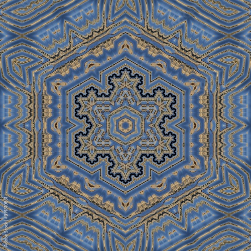 abstract water reflection hexagonal floral fantasy patterns in shades of blue silver and gold