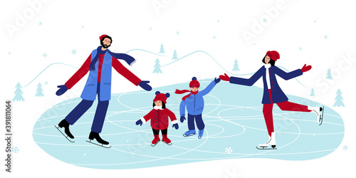 Family members are skating together one the ice in winter. dad and mum teach their children to skate and help them not to fall.