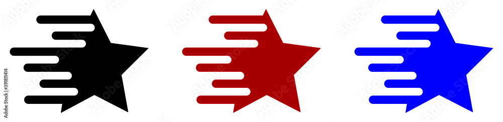 Obraz premium A set of icons of stars in black, red and blue colour. An icon of shooting stars.