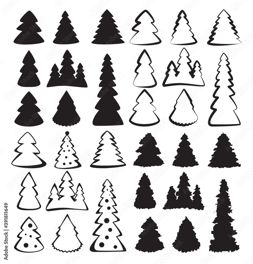 Hand Drawn Christmas Tree Icon Set Isolated on White Background Hand Drawn Christmas Tree Icon Set Isolated on White Background