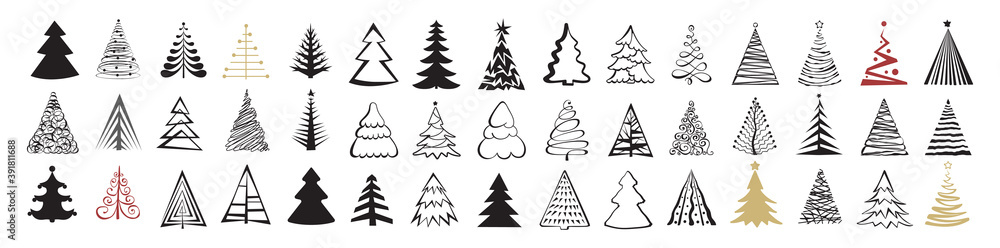 Obraz premium Hand Drawn Christmas Tree Icon Set Isolated on White Background
