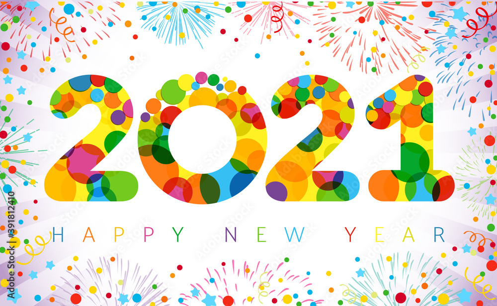 2021 A Happy New Year sign, congrats concept. Horizontal logotype. Snowy white backdrop. Abstract isolated graphic design template. Decorative numbers. Coloured digits. Creative Christmas decoration. 2021 A Happy New Year sign, congrats concept. Horizontal logotype. Snowy white backdrop. Abstract isolated graphic design template. Decorative numbers. Coloured digits. Creative Christmas decoration.