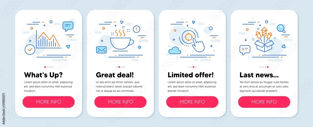 Set of line icons, such as Coffee cup, Seo target, Investment graph symbols. Mobile screen app banners. Fireworks rocket line icons. Hot drink, Click aim, Investment infochart. Vector