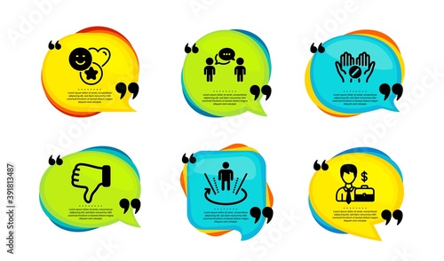 Medical tablet, Augmented reality and Smile icons simple set. Speech bubble with quotes. Consulting business, Dislike hand and Businessman case signs. Vector