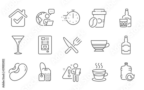 Whiskey bottle, Refill water and Tea bag line icons set. Mocha, Food and Martini glass signs. Whiskey glass, Takeaway coffee and Coffee cup symbols. Cooking timer, Beans. Line icons set. Vector