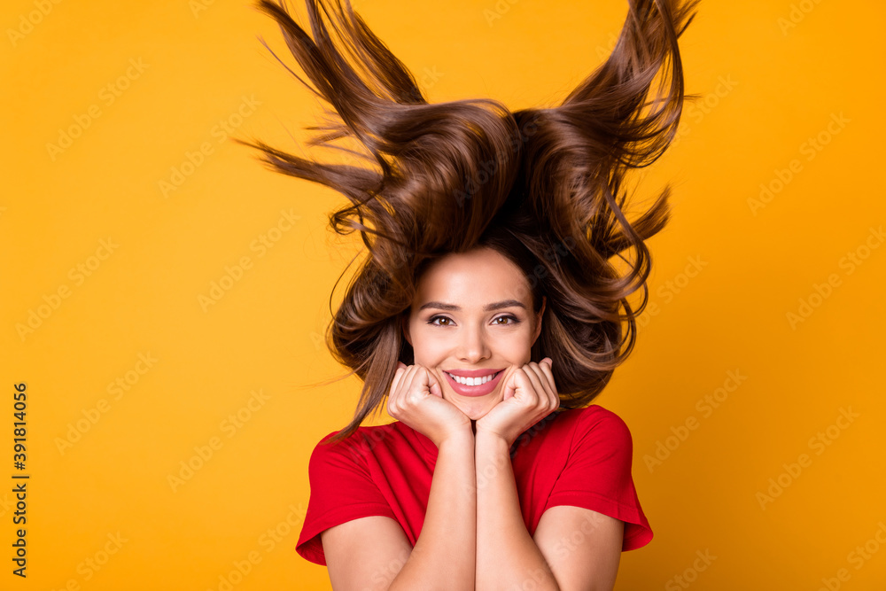 Photo of funny lady with flying hairstyle hold arms on cheeks wear casual red top isolated yellow color background - obrazy, fototapety, plakaty 