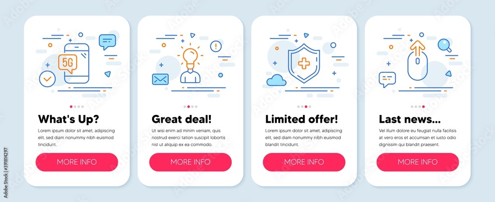 Set of Science icons, such as 5g phone, Medical shield, Education symbols. Mobile screen mockup banners. Swipe up line icons. Wifi internet, Medicine protection, Human idea. Scrolling page. Vector Set of Science icons, such as 5g phone, Medical shield, Education symbols. Mobile screen mockup banners. Swipe up line icons. Wifi internet, Medicine protection, Human idea. Scrolling page. Vector