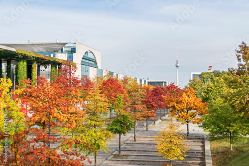 Photography Paul Loebe Allee lined with autumn coloured trees, Bundeskanzleramt and the tele