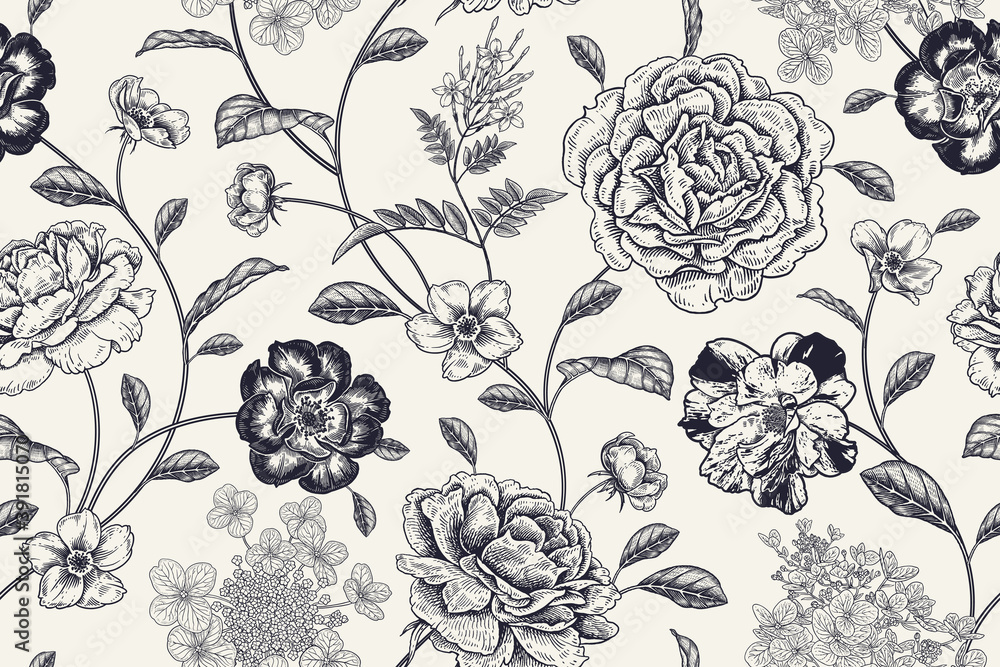 Black and white seamless pattern. Roses and peonies. Vector.