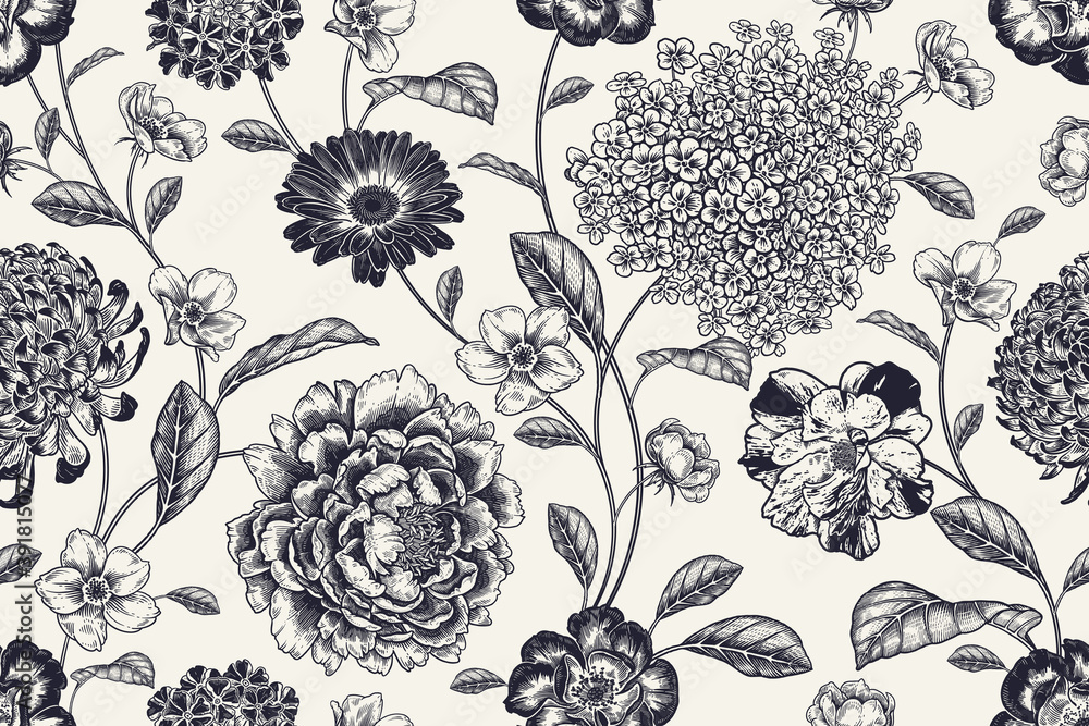Black and white seamless pattern. Roses, peonies, hydrangea and
