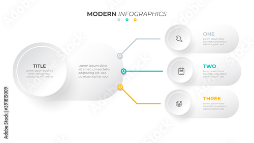 Modern infographics template with 3 options or steps. Business concept design with circle and icons. Vector illustration.
