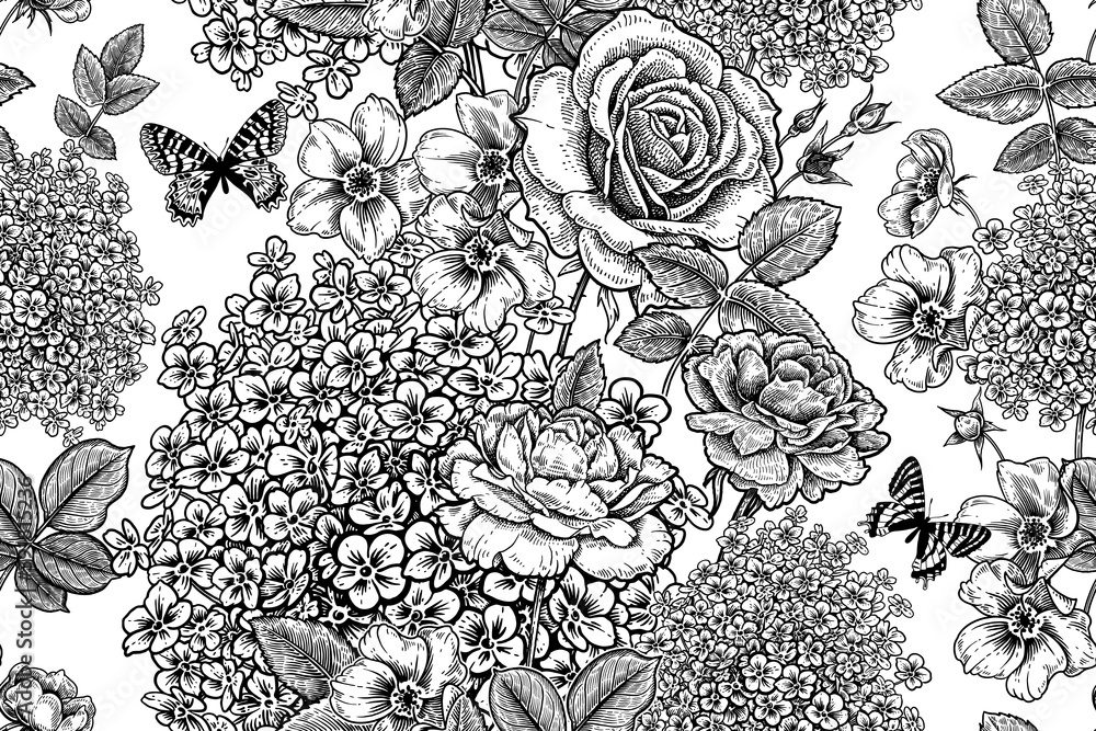 Floral seamless pattern. Flowers hydrangea, roses and butterflies. Black and white. Vector.