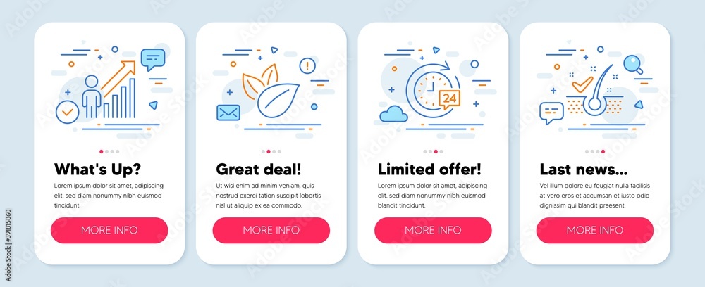 Set of Business icons, such as Employee result, Organic product, 24h delivery symbols. Mobile screen mockup banners. Anti-dandruff flakes line icons. Business growth, Leaves, Stopwatch. Vector