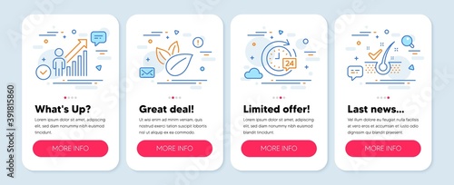 Set of Business icons, such as Employee result, Organic product, 24h delivery symbols. Mobile screen mockup banners. Anti-dandruff flakes line icons. Business growth, Leaves, Stopwatch. Vector