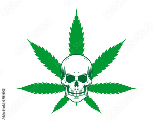 Skull head with cannabis leaf behind