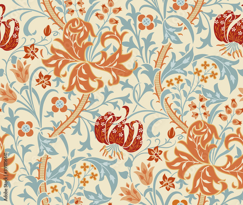 Vintage floral seamless pattern with big flowers, lily and foliage on light b...