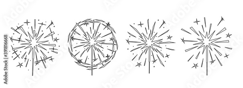 Set of black outline burning sparklers silhouettes isolated on white. Indian fireworks with sparks and glow. Elements for design banner, flyer, card, background for party, celebration. Vector