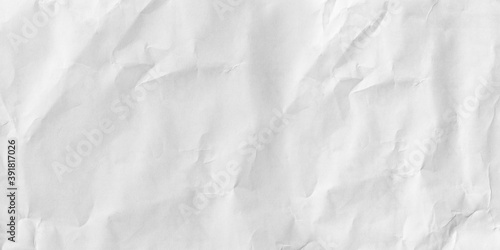 Top view empty white paper with wrinkled. Panorama rumpled paper background and texture.