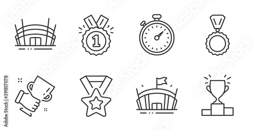 Winner podium, Arena and Medal line icons set. Winner cup, Arena stadium and Timer signs. Approved symbol. Competition results, Sport stadium, Best trophy. Sports set. Quality line icons. Vector