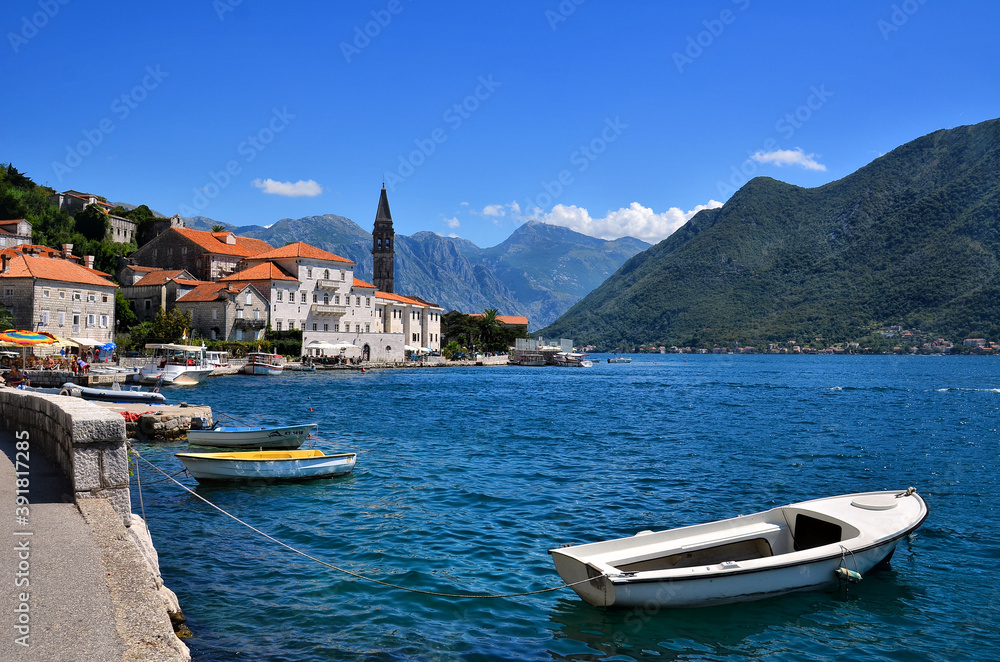 boats in the blue bay. beautiful view Montenegro. old town Perast summer travel holiday