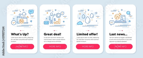 Set of Science icons, such as Rainy weather, Employees wealth, 5g internet symbols. Mobile screen mockup banners. Online chemistry line icons. Water drop, Results chart, Wireless technology. Vector