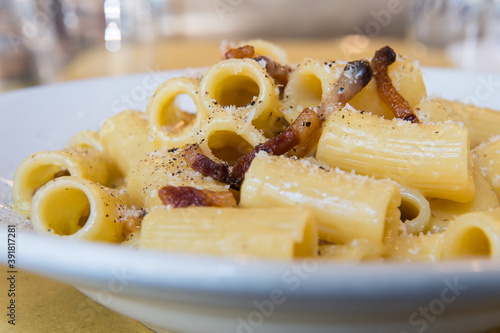 Canvas Print Rigatoni alla carbonara is a specialty dish from Lazio region and Rome area