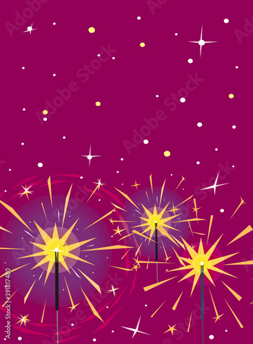 Yellow burning sparklers isolated on magenta. Indian firework with gold sparks, snowflakes and glow. Colorful vertical background for design banner, flyer, card for party,celebration. Vector.