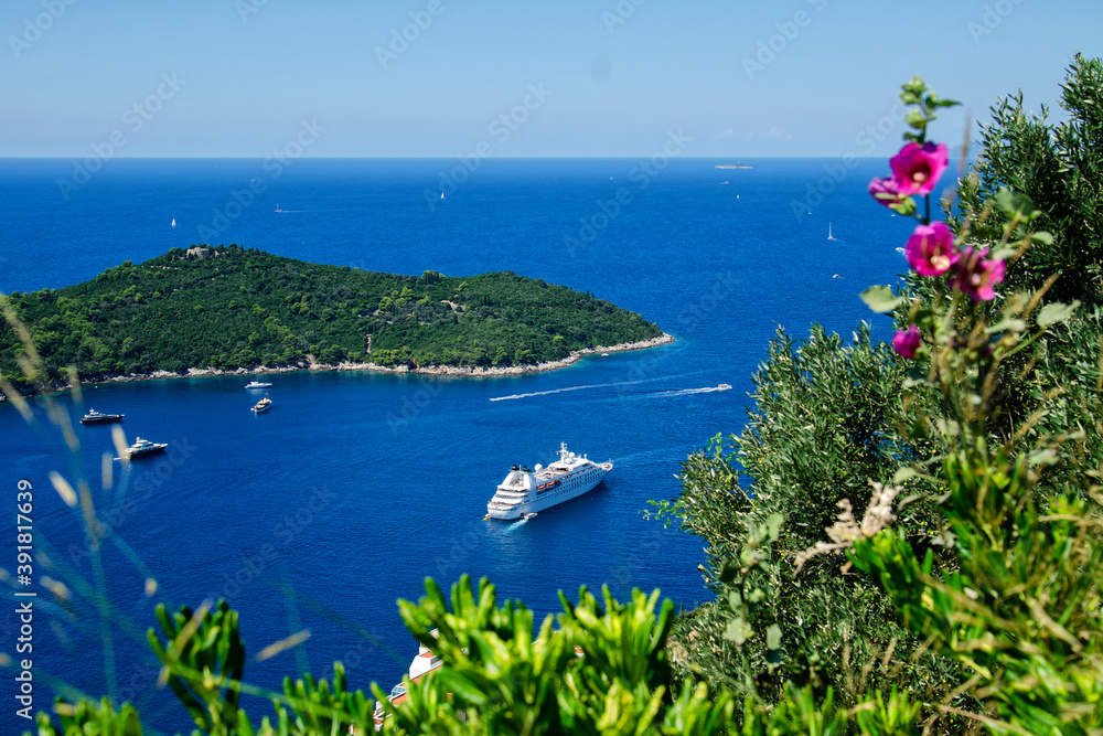 Beautiful view of the blue mediterranean sea from the coast Croatia. 