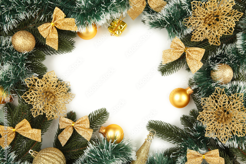 Christmas background with gold decorations isolated on white background.