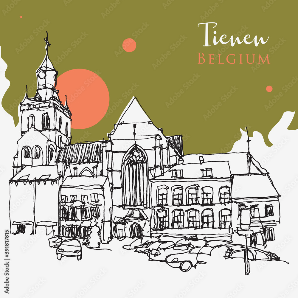 Fototapeta premium Drawing sketch illustration of Tienen, Belgium