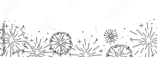 Black outline burning sparkler silhouettes isolated on white. Indian firework with sparks and glow. Monochrome horizontal background for design banner, flyer, card for party, celebration. Vector