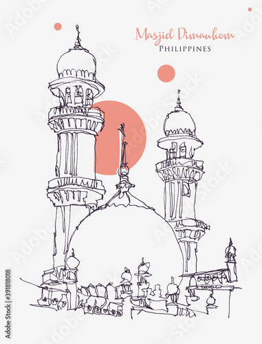 Drawing sketch illustration of Masjid Dimaukom or the Pink Mosque in the Philippines photo