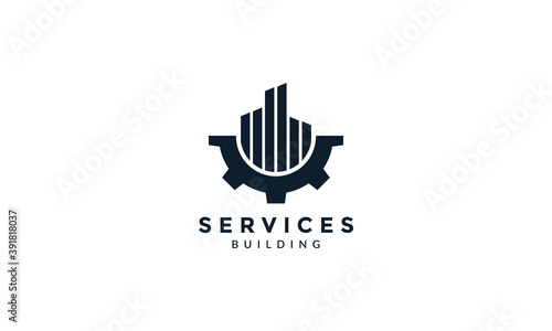 services gear with skyscraper logo vector icon illustration design